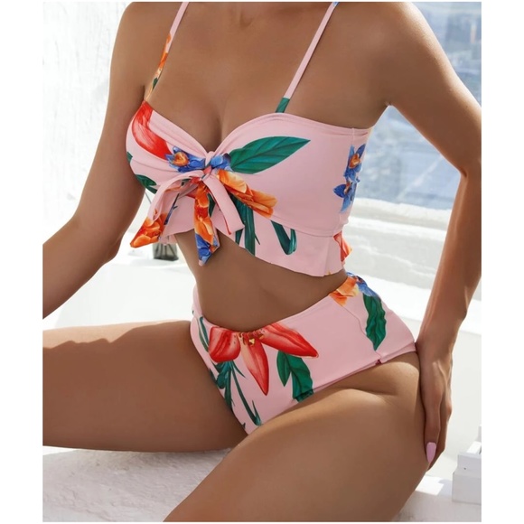 Boho Tropical Floral Print High Waist Bikini Cover up set - Picture 10 of 12